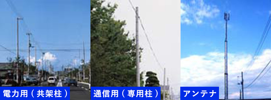 電力用ポール（共架柱）、通信用ポール（専用柱）、アンテナのポール
